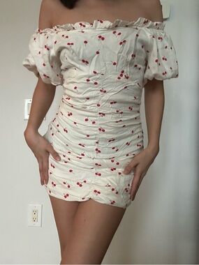 Urban Outfitters White Off-Shoulder Cherry Print Mini Dress